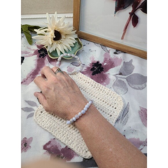 Blue Lace Agate Gemstone Bracelet | 8-12mm Tumbled Crystal Stretch Jewelry - Picture 3 of 7
